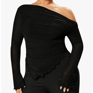 WDIRARA Women's size 4XL Off Shoulder Mesh Ruched Asymmetrical Long Sleeve Top
